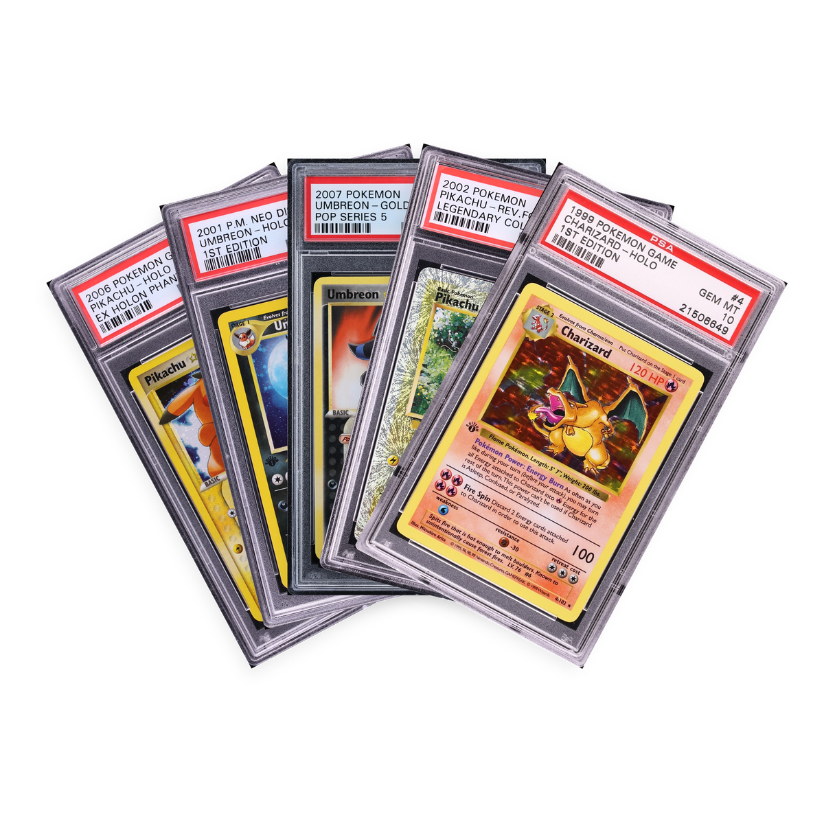 Fan of PSA 10 graded Pokémon card slabs including 1st Edition Base Set Charizard, Pikachu and Umbreon