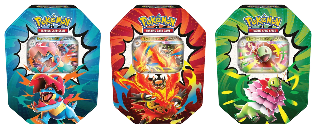 Pokémon TCG Ascended Heroes Tin Bundle – Mega Feraligatr ex, Mega Emboar ex and Mega Meganium ex tins