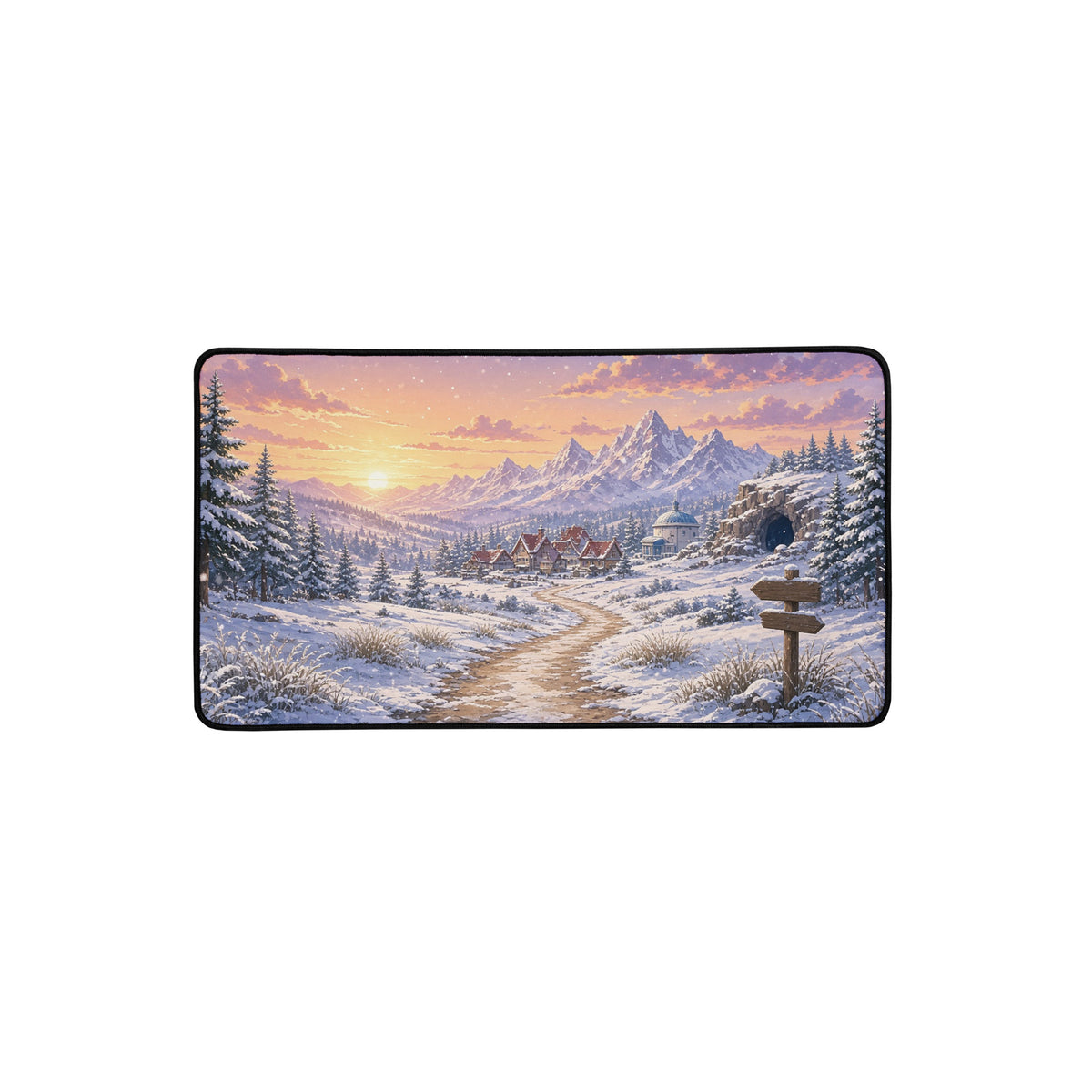 Winter Route TCG playmat 12x22 desk mat mockup - Snowy route scene with frosted tall grass, signpost and red-roofed town