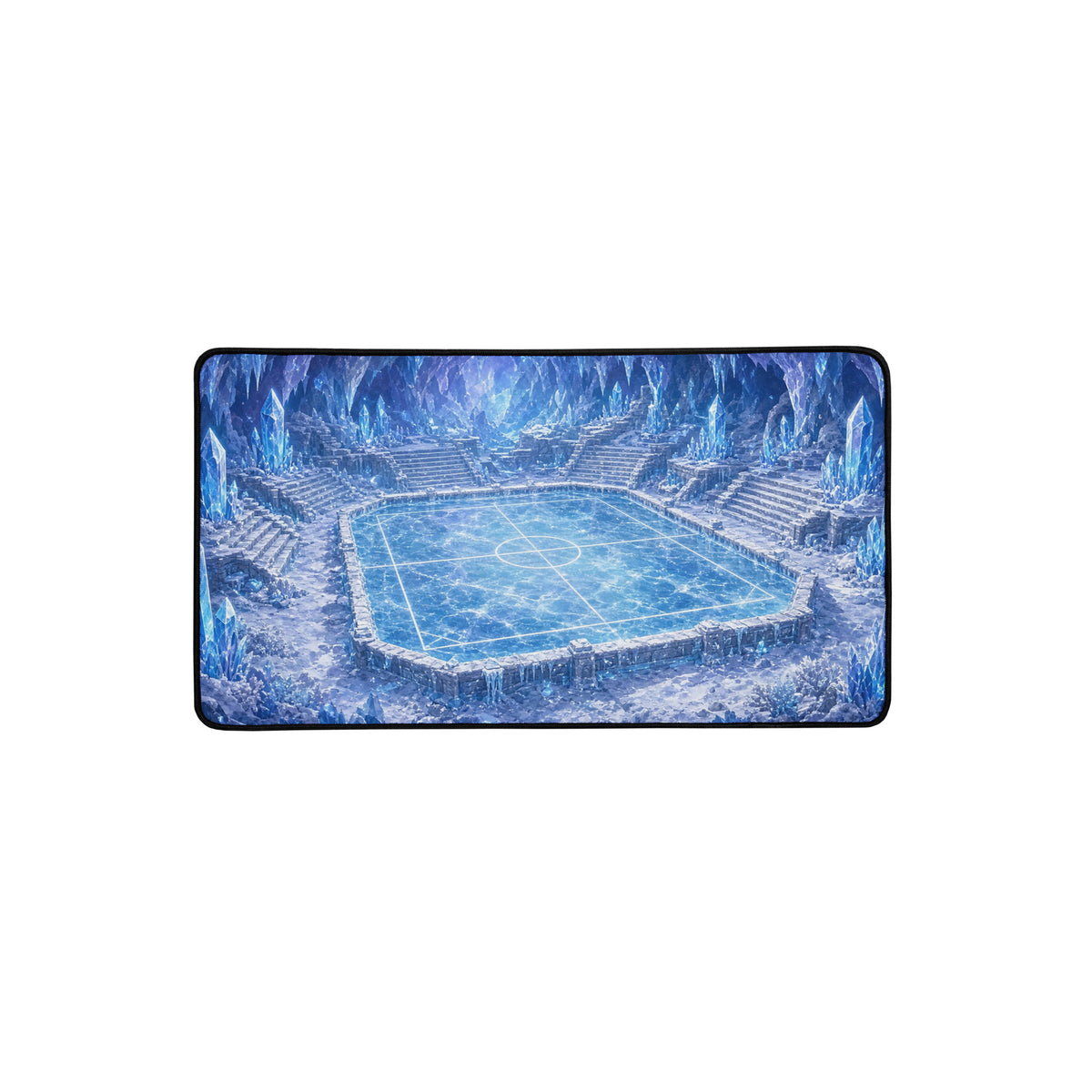 Ice Arena TCG playmat 12x22 desk mat mockup - Frozen battle arena inside a glowing crystal ice cavern