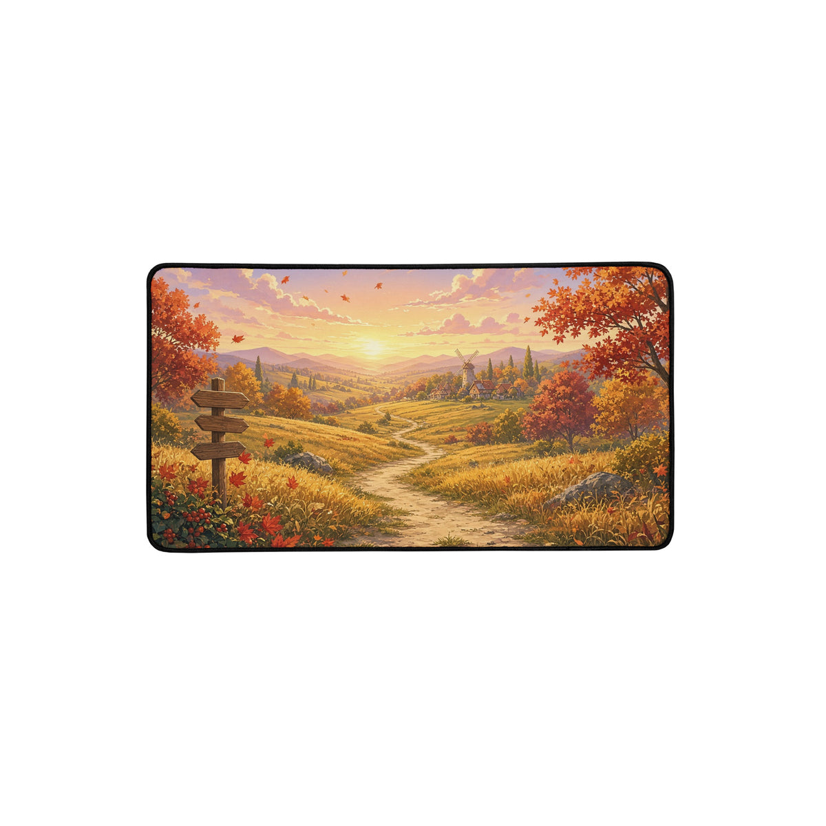 Autumn Route TCG playmat 12x22 desk mat mockup - Autumn path with maple trees, signpost and windmill village at sunset