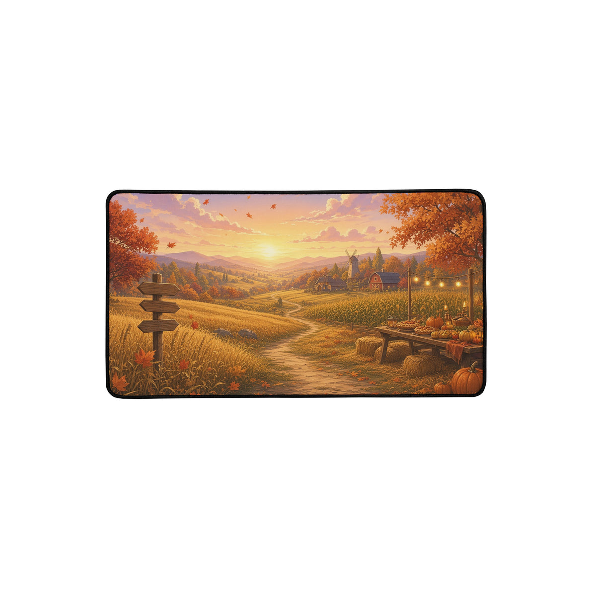 Harvest Village TCG playmat 12x22 desk mat mockup - Harvest village route with cornfields, pumpkins and a festival table at sunset