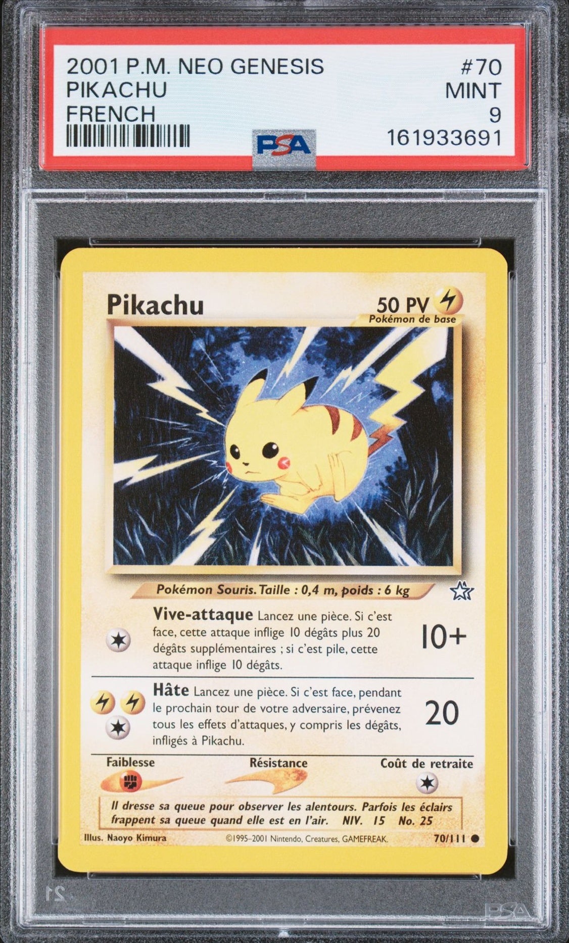 2001 Pokémon Neo Genesis French Pikachu #70 PSA 9 Mint graded slab front, cert 161933691