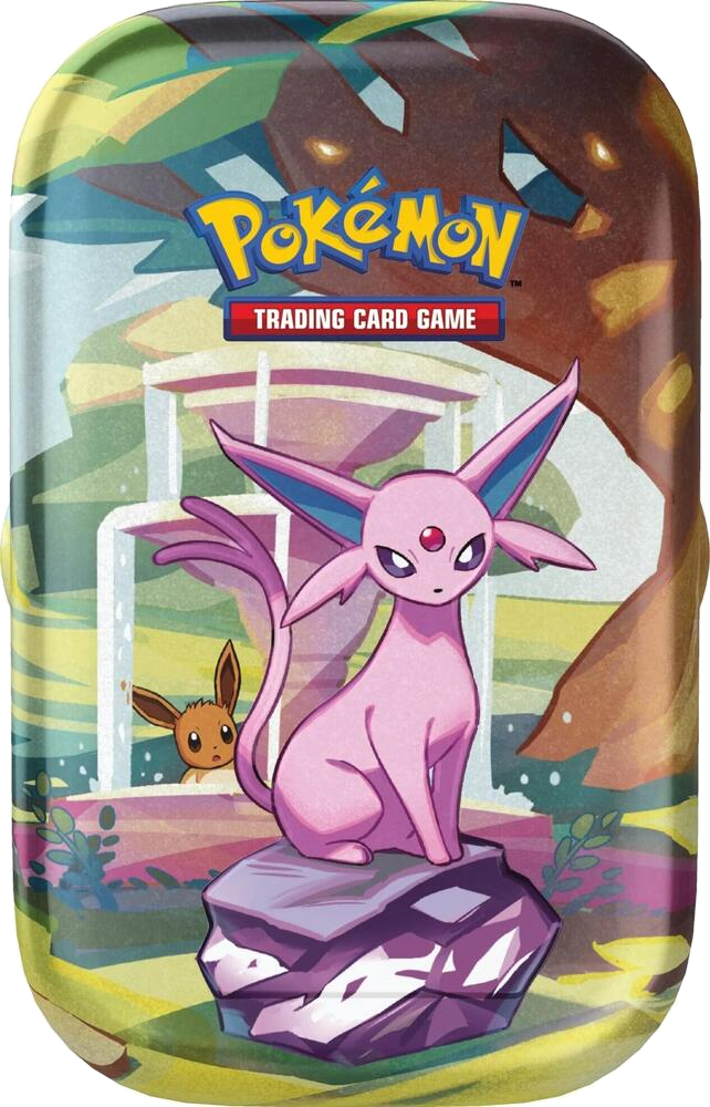 Pokémon TCG Prismatic Evolutions Mini Tin – Espeon artwork (example of a possible random tin)