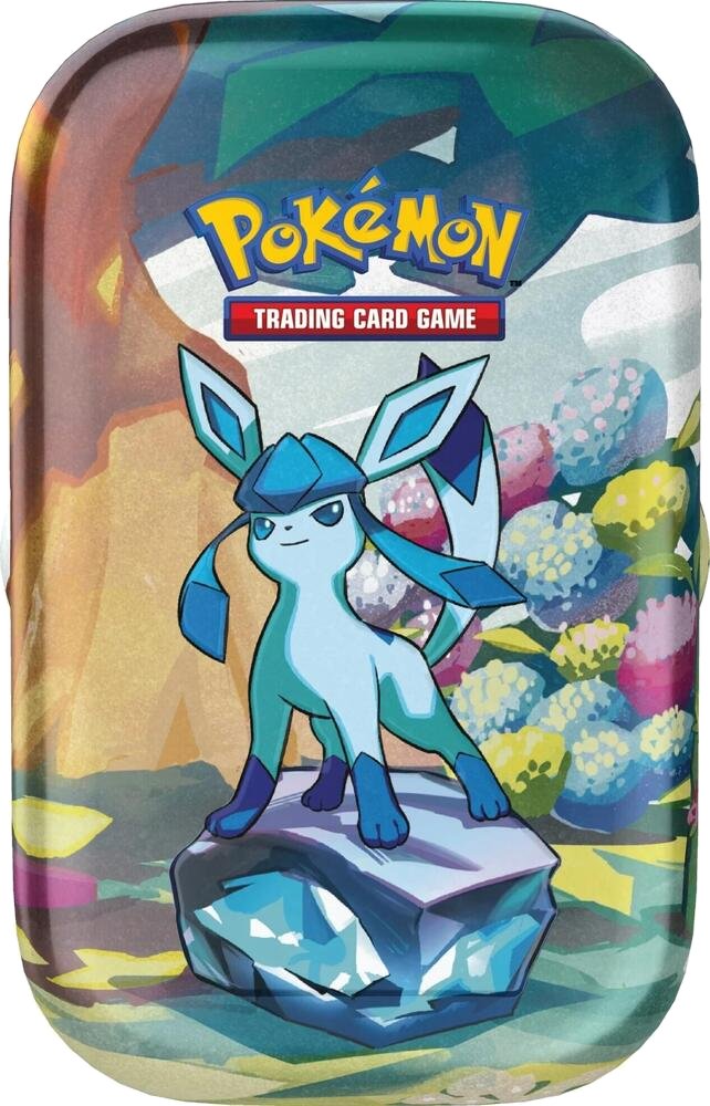 Pokémon TCG Prismatic Evolutions Mini Tin – Glaceon artwork (example of a possible random tin)