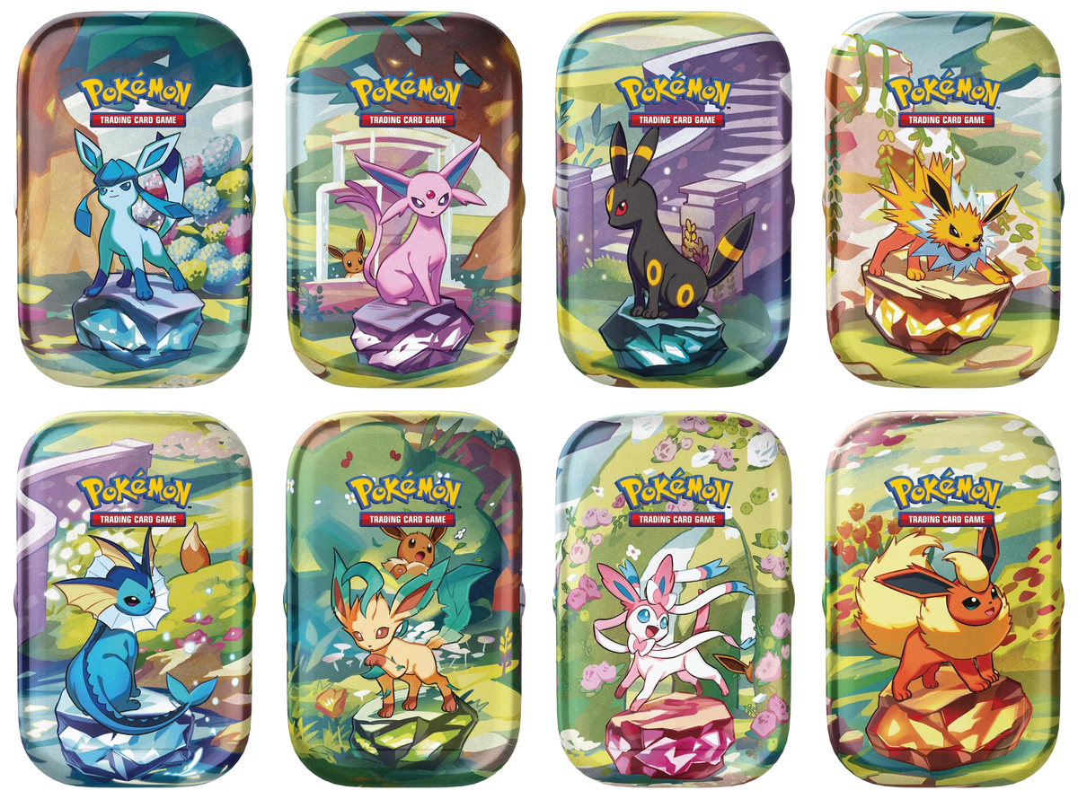 Pokémon TCG Prismatic Evolutions Mini Tins – all 8 Eeveelution tin artworks (example images; one random tin is sent)