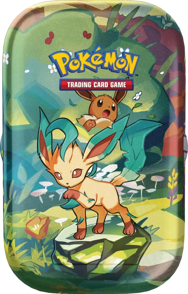 Pokémon TCG Prismatic Evolutions Mini Tin – Leafeon artwork (example of a possible random tin)