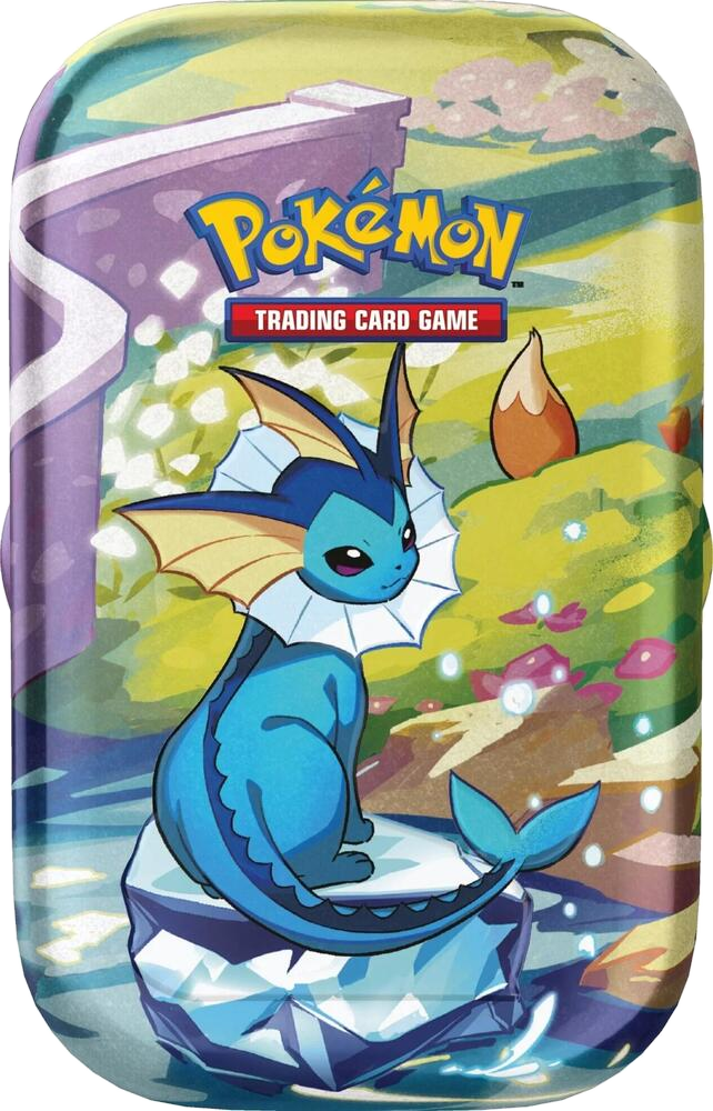 Pokémon TCG Prismatic Evolutions Mini Tin – Vaporeon artwork (example of a possible random tin)