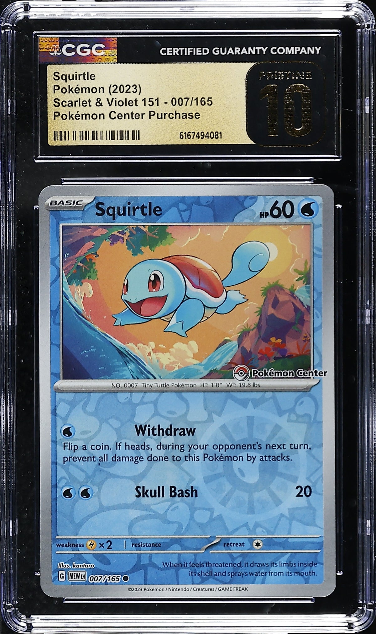2023 Pokémon 151 Squirtle 007/165 Pokémon Center stamp CGC Pristine 10 graded slab front, cert 6167494081